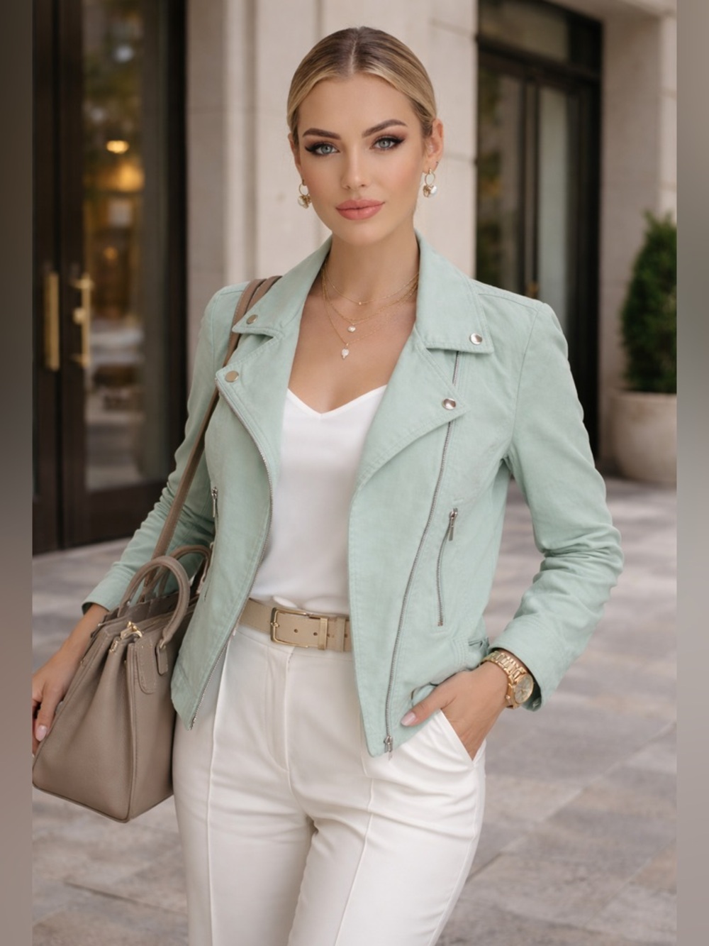 Doncaster Collection Mint Green Linen Moto Biker‎ Jacket Luxury Stylish Modern